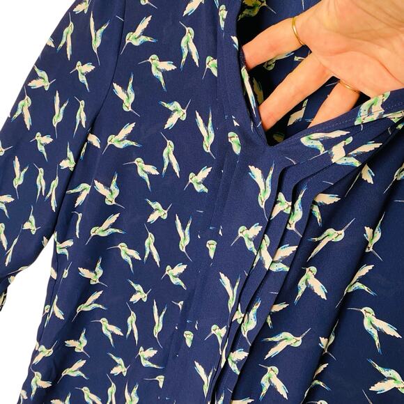 41 Hawthorn Shirt L Blue Hummingbird Print Polyester 3/4 Sleeve Popover Blouse - Picture 3 of 11
